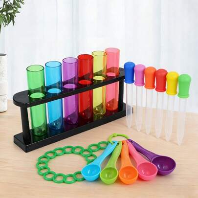 OBOVAY 1 Set - Colorful STEM Science Experiment Kit: Plastic Test Tube Rack With Graduated Pipettes, Measuring Spoons And Beakers, Suitable For School Projects, Home Education And Scientific Exploration, Great For Students, Teachers And Science Enthusiasts