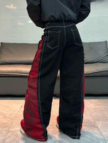 女士休闲宽松撞色拼接阔腿牛仔裤，舒适百搭通勤裤（不含腰带/配饰）黑色夏季款 - 黑色 - 查看 3