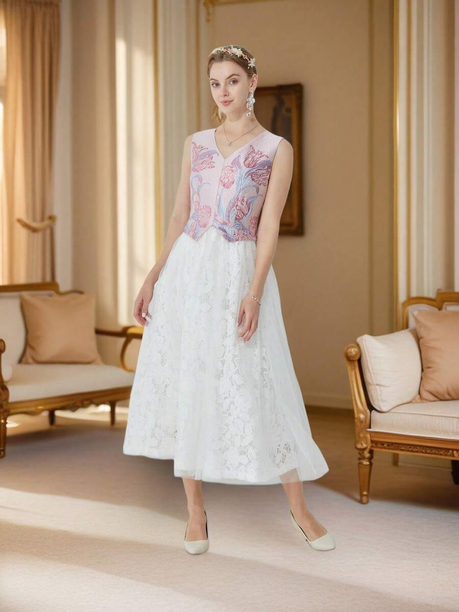 DEVCHATA Elegant Sleeveless V-Neck Jacquard Dress, Contrast Lace Flared Maxi Dress, Suitable For Graduation Party, Date, Evening Event (Floral Pattern Random)