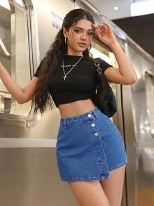 不对称下摆时尚牛仔迷你裙 - 深色水洗藍 - 查看 4