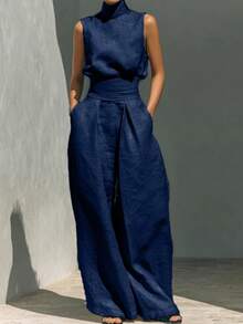 Women's Casual Solid Color Sleeveless Top Pants Set - Màu xanh hải quân - Xem 1