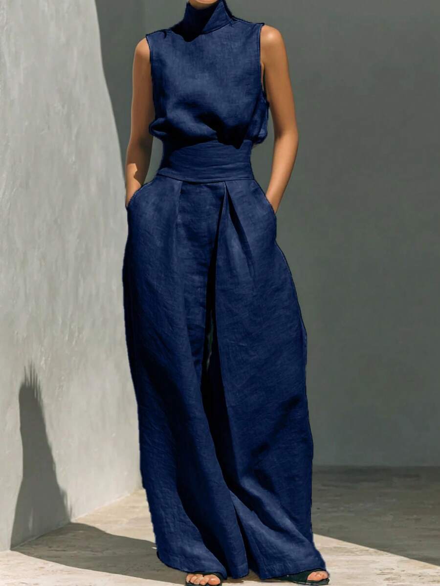 Women's Casual Solid Color Sleeveless Top Pants Set - Màu xanh hải quân - Xem 1