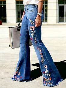 New Women'S Jeans For Everyday Use In 2026, Featuring Casual, Breathable Material, Retro Dark Blue Embroidered Flared Design, And Extended Floor-Length Style - 藍色 - 查看 3