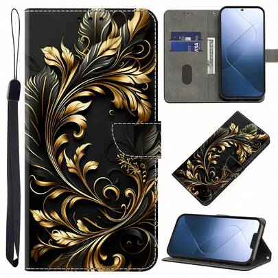 GLANDOTU Affordable Luxury Black And Gold Patterned PU Leather Wallet Phone Case With Card Slots, Lanyard And Flip-Cover Stand; Compatible With A Wide Range Of Mobile Phone Brands And Models