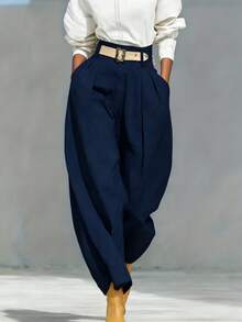 Pantalones casuales sueltos con bolsillo con cremallera y pliegues de unicolor (sin cinturón) para primavera - Color albaricoque claro - Ver 11