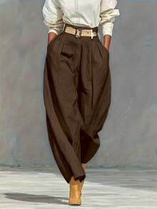 Women's Solid Color Zipper Pocket Pleated Casual Loose Pants (Belt Not Included) Spring - Chocolate Brown - View 6