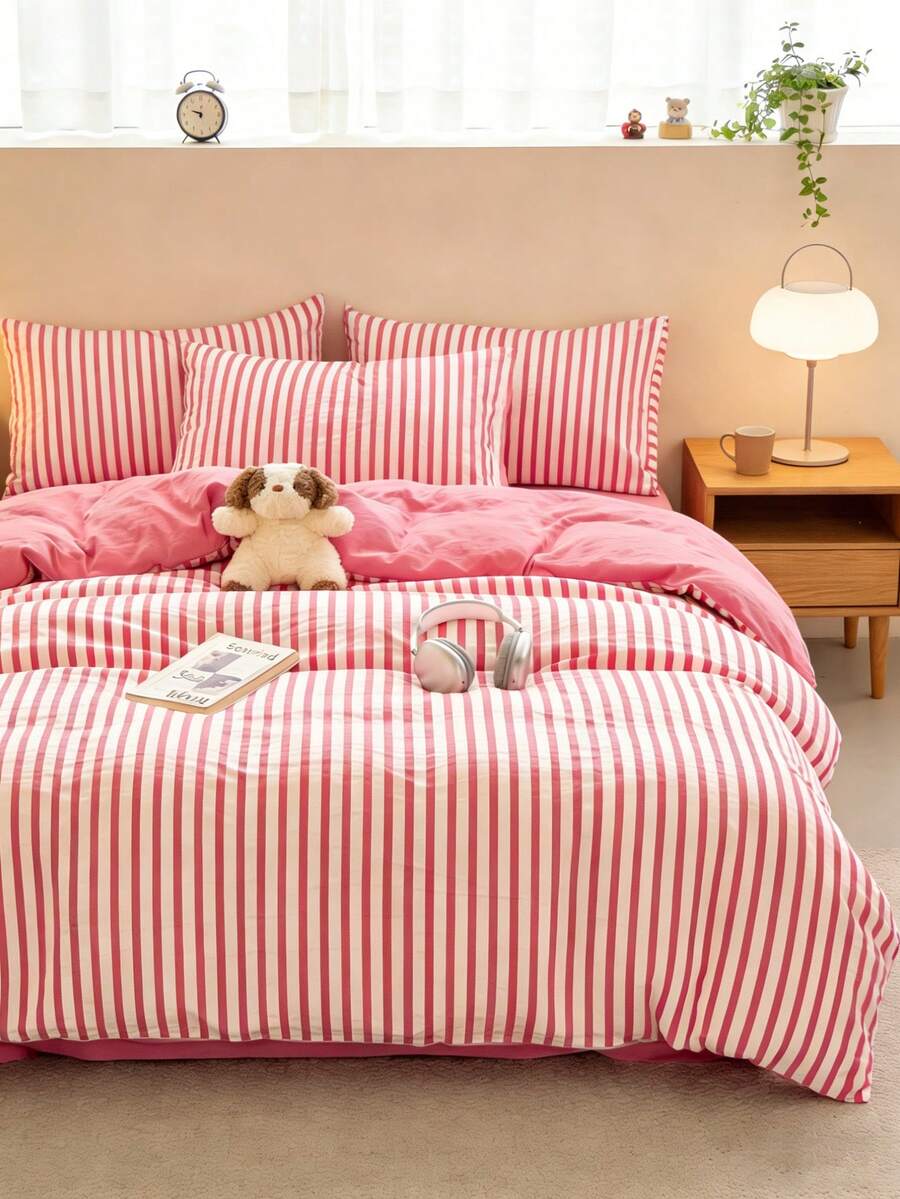 Set de 3 piezas, Juego de ropa de cama a rayas de color magenta minimalista (1 Funda nórdica + 2 Fundas de almohada, Edredón e Insertos de almohada no incluidos), Fibra sintética lavada con agua, Tamaño completo, Suave y cómodo, Adecuado para dormitorio, hogar, hotel, todas las estaciones, Cierre con cremallera, Juego de ropa de cama de colores duraderos y de gran tamaño