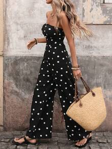 Women's Spring Summer Fashion Retro Polka Dot Sleeveless Strapless Jumpsuit, European & French Style Elegant Casual Outfit - Black - View 4