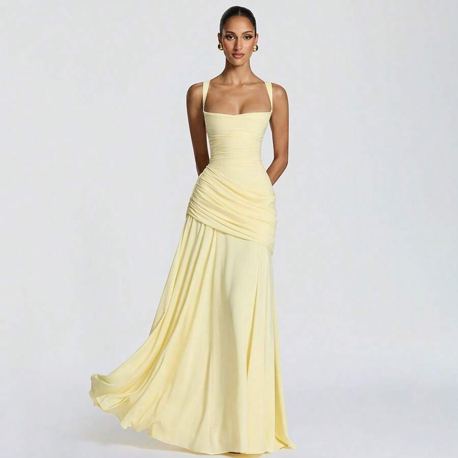 Fashionable And Elegant Temperament Sexy Dress With Low-Neck Spaghetti Straps, Solid Color, Waist-Cinching, Backless, Mermaid Long Dress For Women, Suitable For Parties And Banquets - Màu vàng - Xem 1