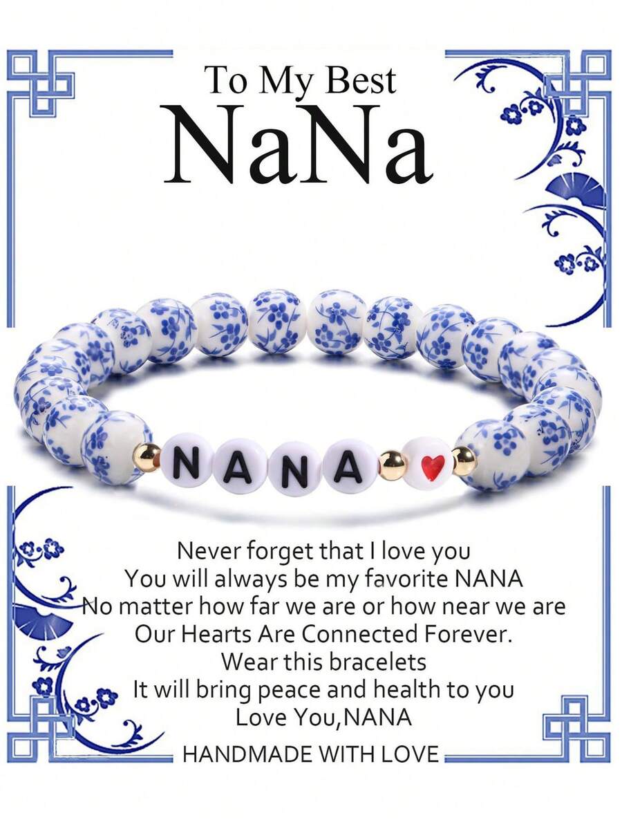 1 chiếc vòng tay hạt gốm màu xanh trắng với mặt dây chuyền chữ "Nana Mimi Mama Grandma", kèm thiệp chúc phúc, vòng tay men ngọc bích là món quà tuyệt vời cho Ngày của Mẹ, Giáng sinh, Ngày Valentine.