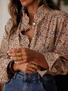 Polyester Allover Print Button Pleated Hem Women Shirt, Suitable For Daily, Date, Travel, Spring/Summer - Multicolor - View 3