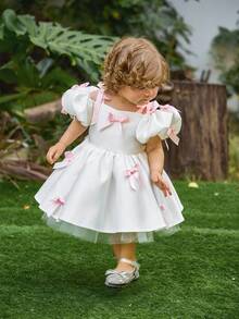 Vestido de princesa con tirantes de espagueti, mangas con volantes y lazo para niñas, adecuado para fiesta de cumpleaños, dama de honor, boda, baile de graduación, celebración festiva - Blanco - Ver 6