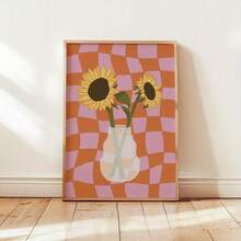 1pc Minimalist Aesthetic Sunflower In Vase Canvas Print, Frameless Warm Soft Tone Checkerboard Background Floral Wall Art Poster For Living Room Bedroom Kitchen Bathroom Office Home Decor, Perfect Gift For Him, Her And Flower Lovers - A - View 10