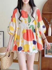 YUXIN Spring & Summer Essential! Women's Loose Babydoll Blouse, Featuring Colorful Prints And Unique Ruffle Cuffs, 3/4 Sleeves Design For Cooler Wear, Fashionable And Comfortable! - Red and Yellow - View 6