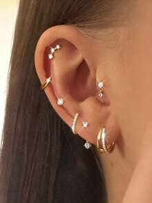 7pcs Fashionable Minimalist Elegant Delicate Retro Design Copper Material CZ Rhinestone Geometric Tassel Pendant Hoop Earrings Set, Suitable For Holiday, Party, Date, Daily Wear, Gift - Yellow Gold - View 1
