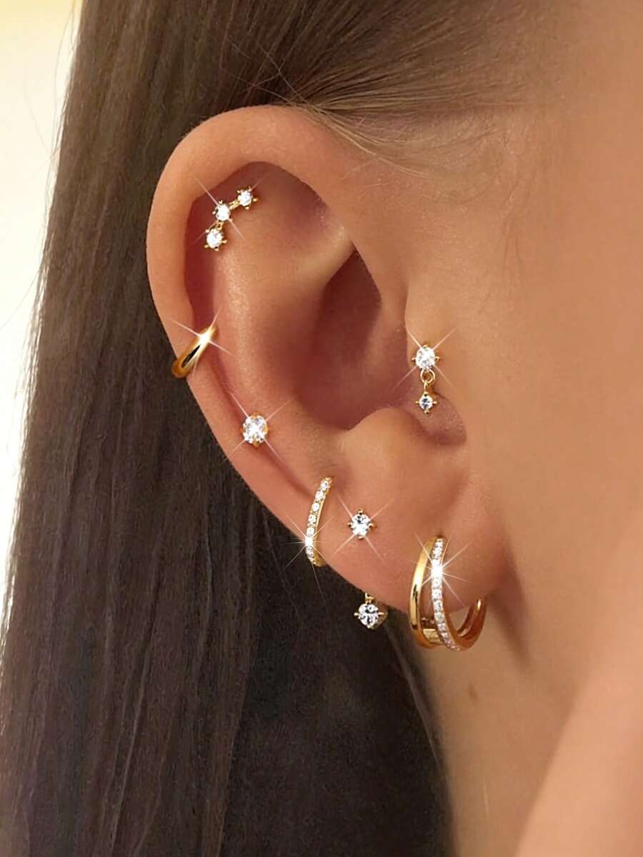 7pcs Fashionable Minimalist Elegant Delicate Retro Design Copper Material CZ Rhinestone Geometric Tassel Pendant Hoop Earrings Set, Suitable For Holiday, Party, Date, Daily Wear, Gift - Yellow Gold - View 1