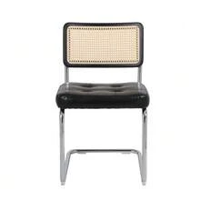 Medieval Modern Dining Chairs, A Set Of 2 Rattan Dining Chairs With Soft Upholstered Faux Leather Elements, Armless Mesh Backrest Rattan Chairs, Metal  Legs - Black - View 12