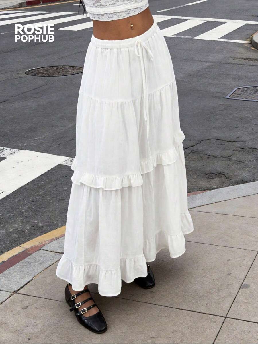 ROSIE POPHUB 女士白色弹力腰带纹理吊带荷叶边中长裙，优雅伞裙，适合休闲、校园、街头风格、情人节、春夏新品 - 白色 - 查看 1