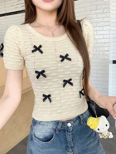 女士休闲圆领蝴蝶结装饰针织短袖上衣
