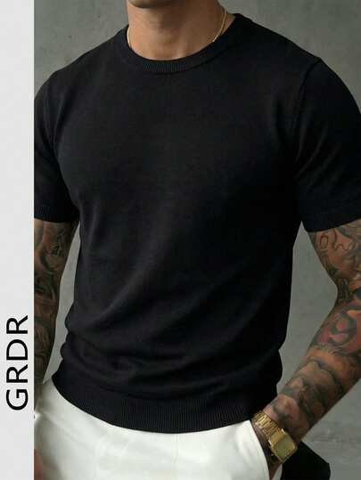  GRDR Men's Solid Color Crew Neck Short Sleeve Knit Sweater, Versatile Spring/Autumn Pullover