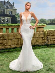 Vestido de novia elegante y ajustado de unicolor con encaje de espina de pescado, primavera - Blanco - Ver 10