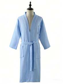 1pc Waffle Weave Solid Color Shawl Collar Bathrobe, Loungewear Robe, Soft Absorbent Cotton For Bathroom, Bedroom, Pool - White - View 4