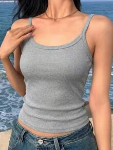 Women's Casual Versatile Solid Color Fitted Camisole - Grey - View 6