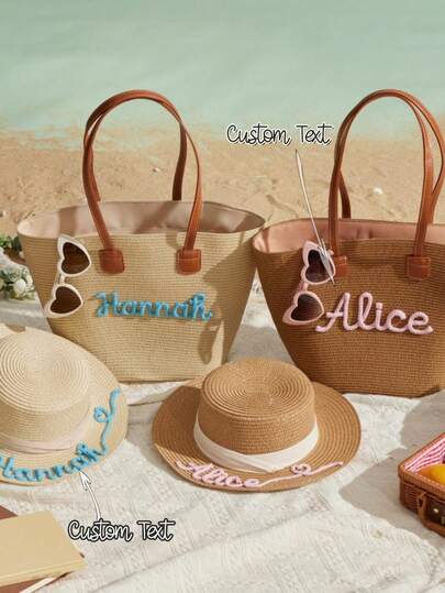 Personalized Straw Handbag And Hat Sets, Brimming With The Summery Charm Of A Beach Vacation. Beach Bags, Summer Vacation Bags, Bridesmaid Gifts, Gifts For Friends-Elegant, Stylish, High-Quality, Vibrant, Modern, Customizable, Personalized, And One-Of-A-Kind-The Perfect Gift For Him Or Her. Perfect For Boyfriends, Dads, Girlfriends