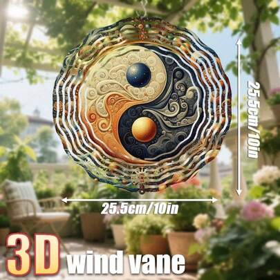 1 chiếc chuông gió 3D hình Âm Dương, thiết kế tinh tế thể hiện vẻ đẹp hài hòa, kích thước 10in*10in với móc xoay, chuông gió tự chế 360°, chất liệu kim loại dùng cho sân vườn ngoài trời.