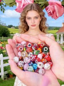20pcs/Set Random Mixed Color Acrylic Large Hole Beads, Bracelet Spacer Beads, Necklace Jewelry Making Supplies - Pink - View 4