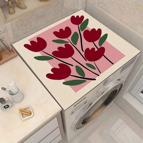 1pc Red Tulip Pattern, Silicone Washing Machine And Dryer Top Cover Pad, Diatomite, Washing Machine Dust Cover, Kitchen Accessories, Anti-Slip, Suitable For Laundry Room, Bathroom, Home Decor And Room Decoration