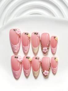 10件套甜美清新风格手工美甲套装，凝胶美甲贴片，小花朵、钻石美甲配件、波点、法式美甲装饰、粉白指甲油、珍珠簇状美甲贴片，附赠美甲工具（1张果冻贴片+1把指甲锉），3种尺寸可选：方形指甲、短方形指甲、杏仁形指甲，适合聚会、日常、派对、拍照、玩乐、春夏、通勤等场合。 - 彩色 - 查看 17