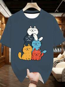 Plus Size Men's Pajama Set | Round Neck Short Sleeve Top And Elastic Waist Casual Shorts, 2 Pieces Set | Polyester Knit Fabric, Skin-Friendly Breathable Loose Fit | Cute Cartoon Cat Print Casual Design - Teal Blue - View 2