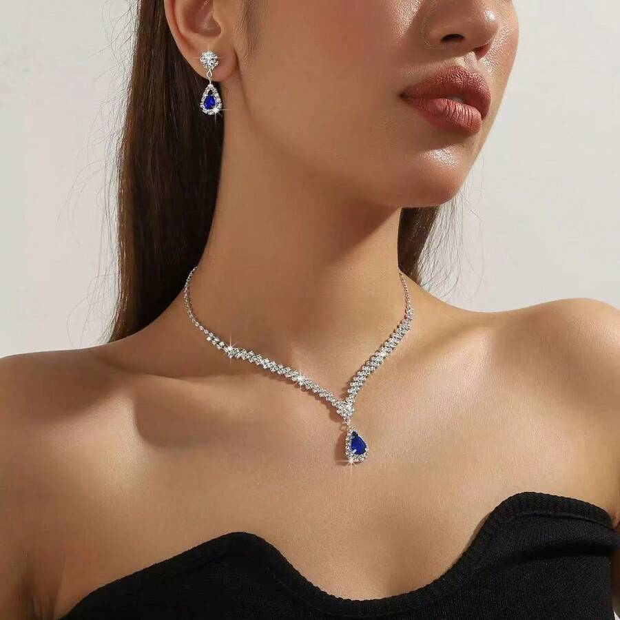 Bộ trang sức bạc tối giản thanh lịch gồm dây chuyền và bông tai, thích hợp cho các buổi dạ tiệc, tiệc sinh nhật, đám cưới người lớn. - Bạc - Xem 1