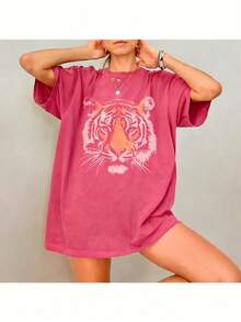 Vintage Tiger Tee - Retro Animal  T-Shirt, 90s Animal Gift For Tiger Lover, Wild Cat Shirt, JungleTiger Graphic Tee220G Heavyweight1830% CottonT-Shirt - 玫紅色 - 查看 1