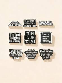 9pcs Black & White Letter Enamel Brooch, Interesting English Phrase Lapel Pin, Fashion Jewelry Suitable For Men & Women, Daily Wear & Gift - Black and White - View 1