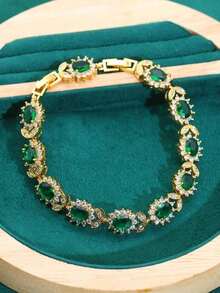1pc Light Luxury, Elegant & Minimalist Gold Plated Flower Decor Cubic Zirconia Link Bracelet, Perfect Gift For Valentine's Day, Mom & Mother's Day - 綠色 - 查看 6