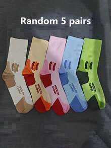 1/5 Pairs Unisex Color Block Round Neck Socks, Breathable Shock-Absorbing Sports Socks Suitable For Running And Daily Wear - Multicolor - View 11