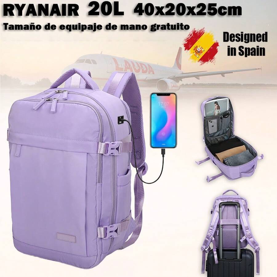 Ryanair Cabin Backpack 40x20x25cm (20L) | Waterproof Travel Backpack Compatible With 14-Inch Laptop With Charging Port | Heavy-Duty Carry-On Luggage | Multi-Purpose - Khaki/Purple/Navy/Black/Pink - 紫丁香色 - 查看 1