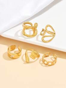5pcs/Set Fashionable & Elegant Multi-Element Open Ring Set, Stainless Steel Hollow Geometric Chain Rings, Waterproof & Fade-Resistant Daily Wear Jewelry For Women - Multiple Elements - View 5