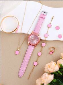 7pcs/Set Fashion PU Leather Strap Alloy Quartz Watch - Pink - View 2