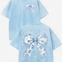 2026 Summer Clothes(230g T-Shirt) Oversized Washed Cotton "Faith Over Fear" Floral Graphic Christian T-Shirt, Casual Soft Short Sleeve, Breathable Ret - Light Blue - 查看 7