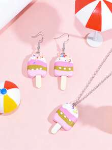 Juego de 3 piezas/Set de joyería con colgante de helado y paleta de postre, collar y pendientes, accesorios de arcilla blanda con diseño de dibujos animados dulce de verano para atuendo de fiesta - Multicolor - Ver 5