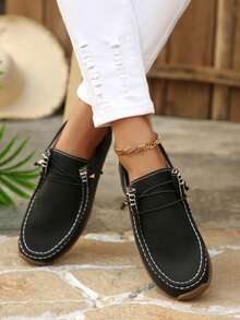 Women's Spring/Autumn New Round Toe Flat Slip-On Casual Shoes With Bow Decoration, Lightweight And Comfortable For Outdoor Sports - Black - View 3