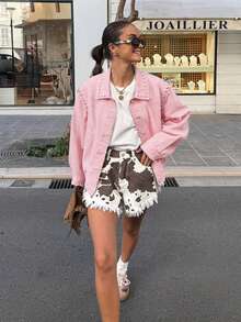 女士新款飞行员风格宽松复古夹克，带口袋，长袖外套，适合春秋季穿着，粉色 - 粉色 - 查看 6