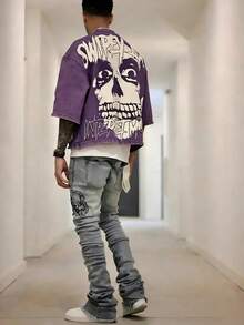 Y2KStyleDirectionalPrintingCottonT-ShirtSoftBreathablePureCottonFabricComfortableAndEnergeticSummerStreetStyleShortSleevedTShirgnRetroSummerWearTShirt - 紫色1 - 查看 1