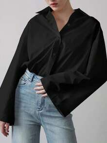 女士优雅纯色休闲翻领长袖衬衫，涤纶面料，适合办公室和日常穿着，春夏黑色 - 黑色 - 查看 3