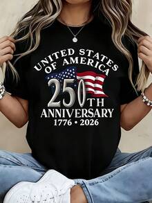 American Independence 250th Anniversary Patriotic Theme Women's T-Shirt - 1776-2026 Independence Day Design, Featuring The American Flag And The Words - 黑色 - 查看 8