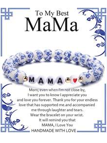 1 chiếc vòng tay hạt gốm màu xanh trắng với mặt dây chuyền chữ "Nana Mimi Mama Grandma", kèm thiệp chúc phúc, vòng tay men ngọc bích là món quà tuyệt vời cho Ngày của Mẹ, Giáng sinh, Ngày Valentine. - Màu xanh lam - Xem 3