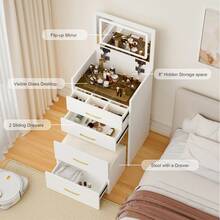 3-In-1 Dressing Table With Open Mirror / Small Dressing Table Set / With Clear Glass Tabletop / Space-Saving Design / Suitable For Small Rooms, Apartments And Bedrooms - White - View 8